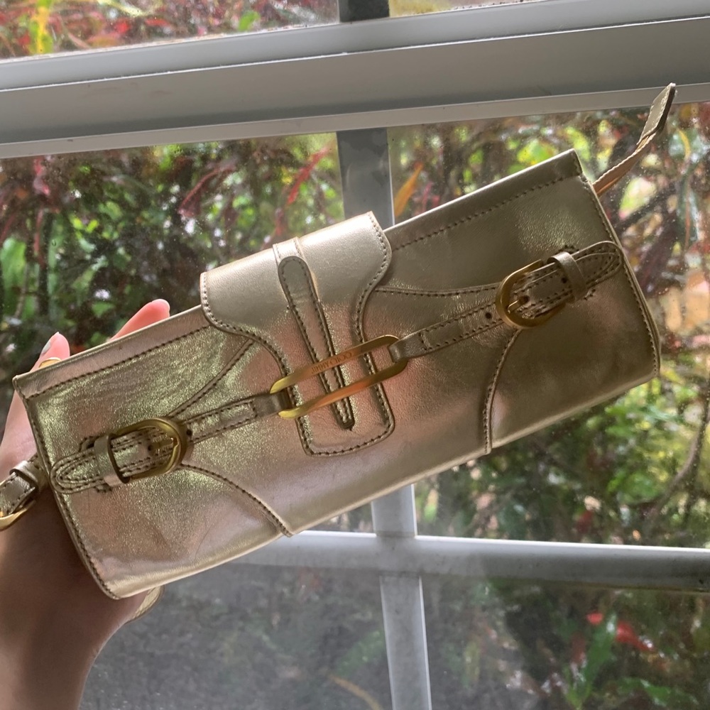JIMMY CHOO Metallic Wristlet Gold Leather Clutch